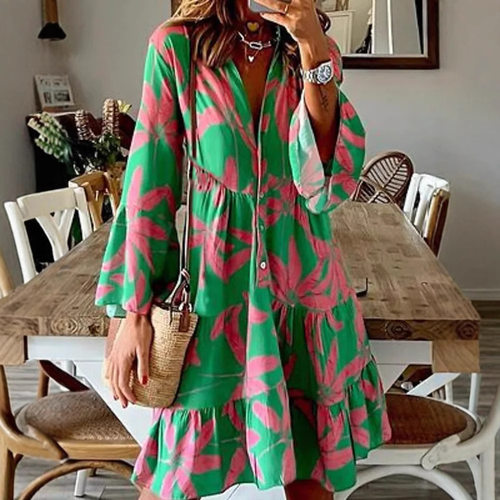 Women's dress buckle ruffle edge flared sleeve dress 连衣裙