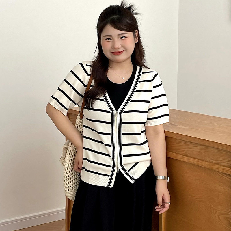 乃粒23863大码女装假两件上衣女2026春胖mm休闲宽松短袖针织开衫