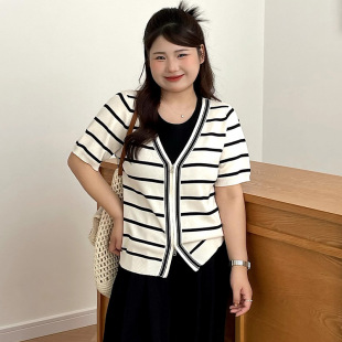 乃粒23863大码女装假两件上衣女2026春胖mm休闲宽松短袖针织开衫