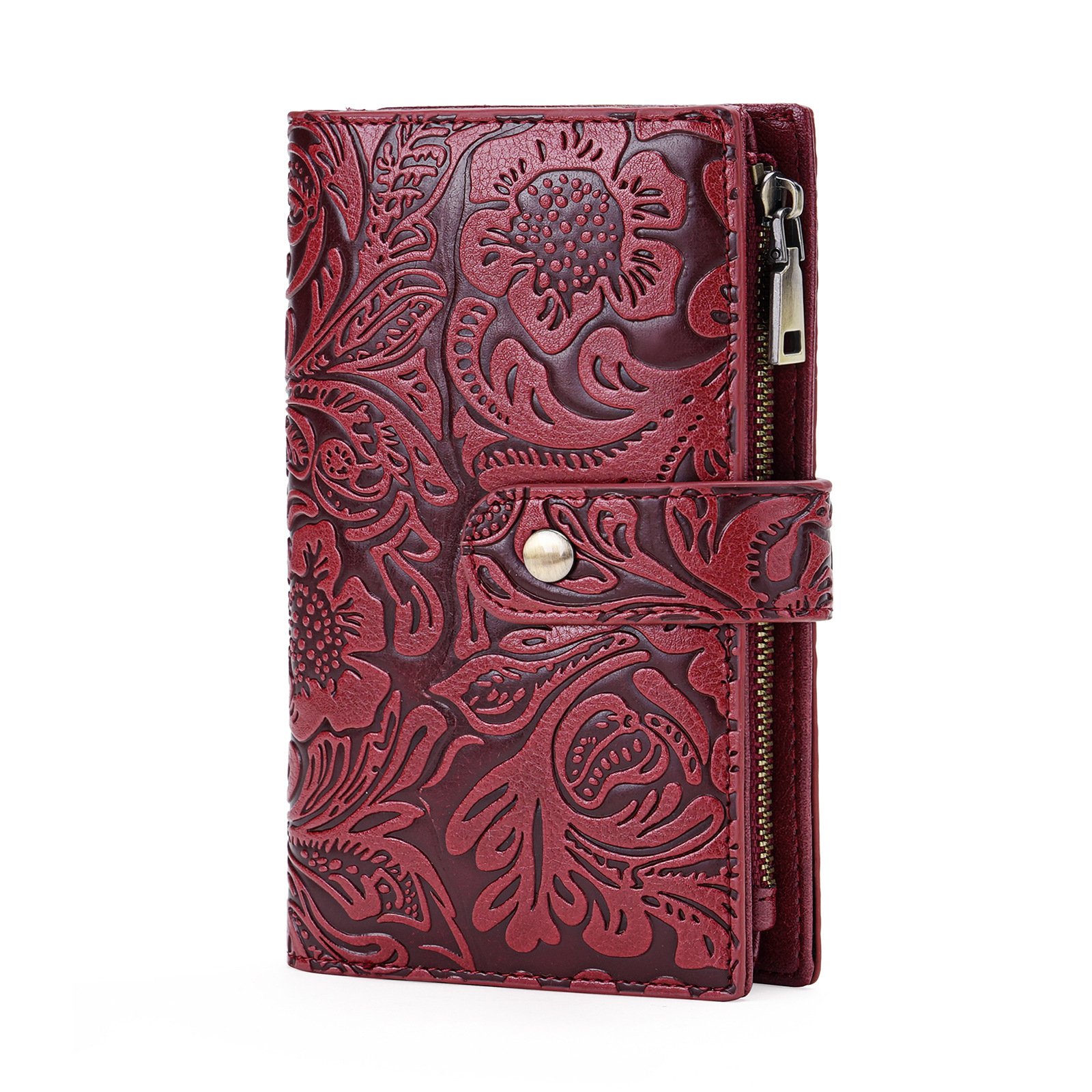 GOIACII新款女士中长款钱包复古风拉链三折浮雕花手拿包压花钱夹