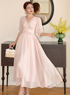 2025早秋新款女装温柔风气质V领收腰飘逸不规则雪纺连衣裙45216
