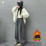 女童加绒弯刀裤2025年秋冬新款休闲纯色阔腿长裤中大童香蕉裤卫裤，童装裤子，祺儿童装