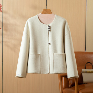 2025秋冬季新款白色新中式国风双面羊绒大衣女短款小个子毛呢外套