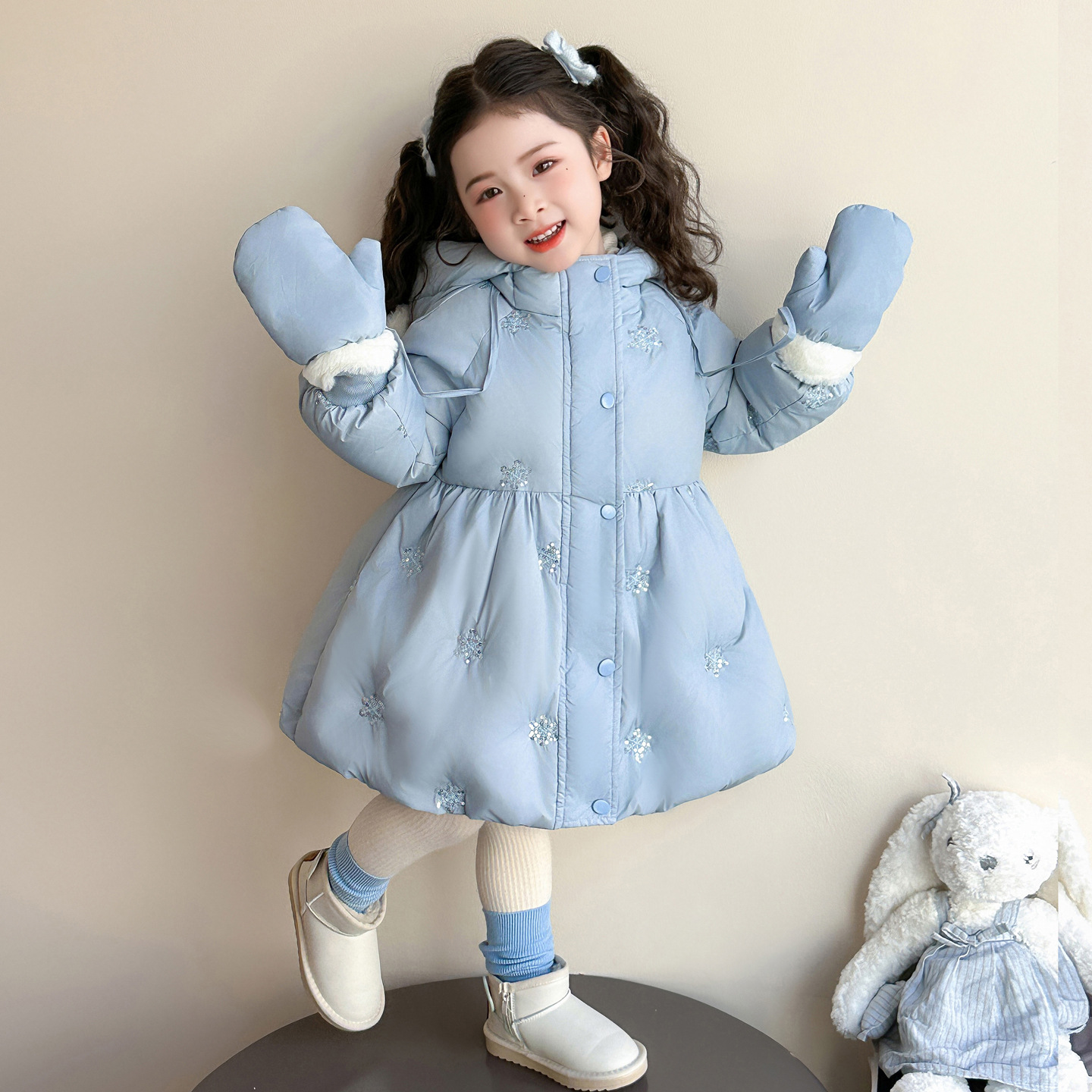 女童中长款羽绒服冬季2025新款韩版时尚保暖冬装洋气儿童加厚外套，童装羽绒服，祺妙童装