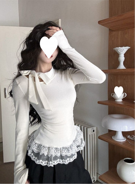 【舒肤绒】蝴蝶结针织衫女春秋纯欲飘带挂脖上衣半领蕾丝打