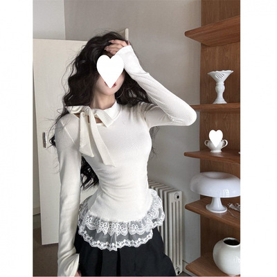 【舒肤绒】蝴蝶结针织衫女春秋纯欲飘带挂脖上衣半领蕾丝打