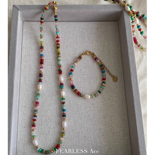 一套天然石淡水珍珠彩色琉璃多巴胺串珠项链女百搭颈链饰品手链