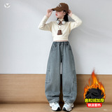 女童秋冬加绒牛仔裤2025年新款美式复古拼接弯刀裤中大童阔腿长裤，童装裤子，祺儿童装