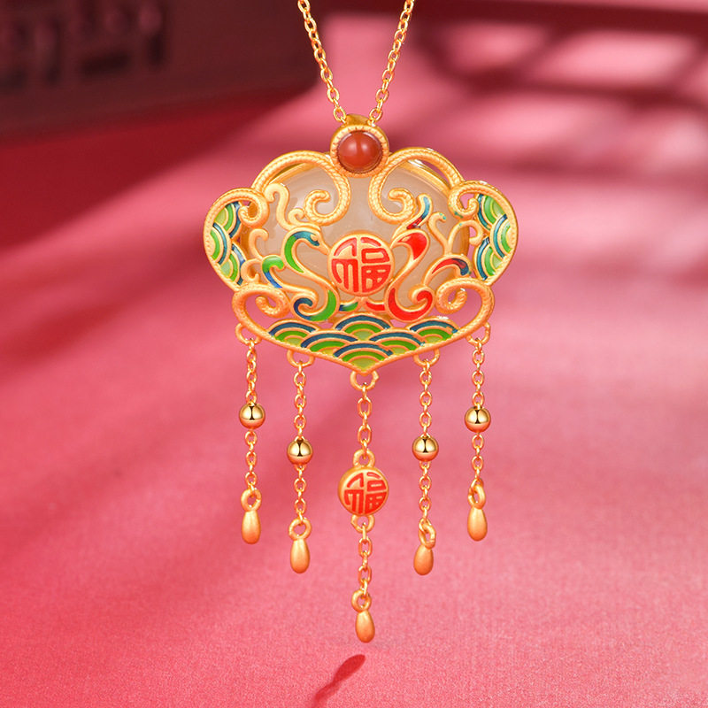 s925银镶天然和田玉吊坠龙凤如意设计感项链送女友生日热卖颈饰