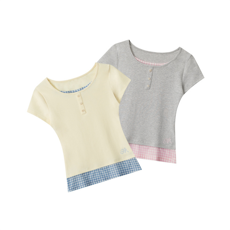 HeyHenry 欧美夏季假两件设计短袖T恤女短款t恤小个子修身上衣ins