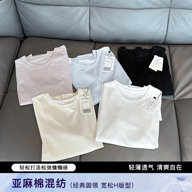 轻薄透气慵懒亚麻棉混纺短袖女 简约宽松显瘦圆领T恤居家打底上衣
