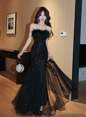 晚礼服女黑色重工宴会结婚艺考 可租10天内把货完好退回 既退押金