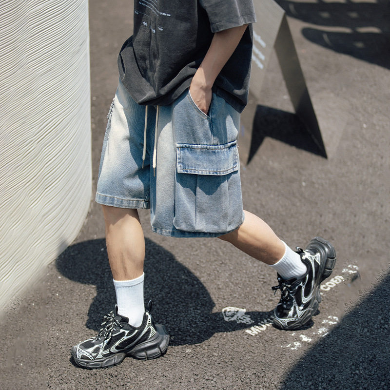 街做旧水洗侧边口袋设计牛仔休闲宽松抽绳五分裤L2257-P53控88，男装休闲裤，电商A362