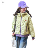 女童夹棉加厚外套2025年秋冬新款中大童休闲撞色连帽棉服短款棉衣，童装棉衣，祺儿童装