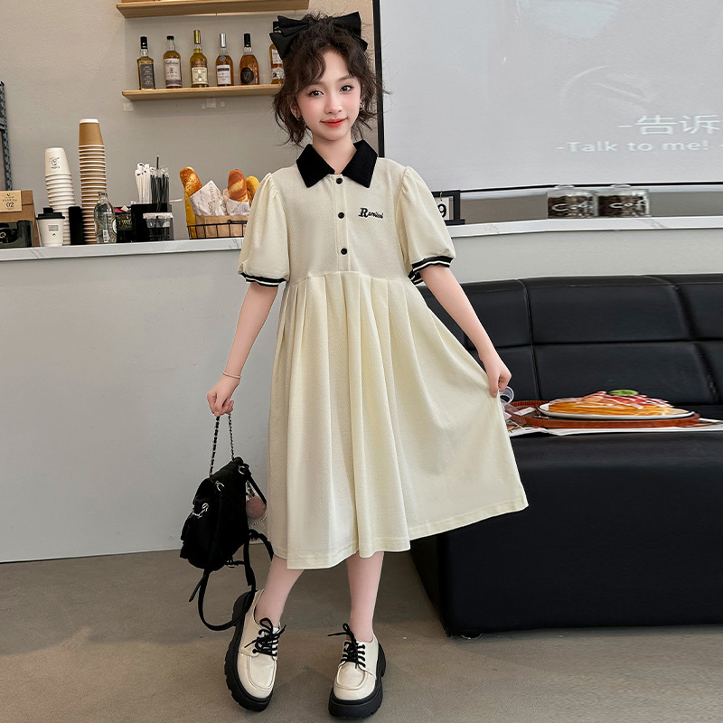 女童学院风连衣裙夏季2025新款洋气儿童翻领polo裙中大童夏装裙子，童装连衣裙，祺妙童装