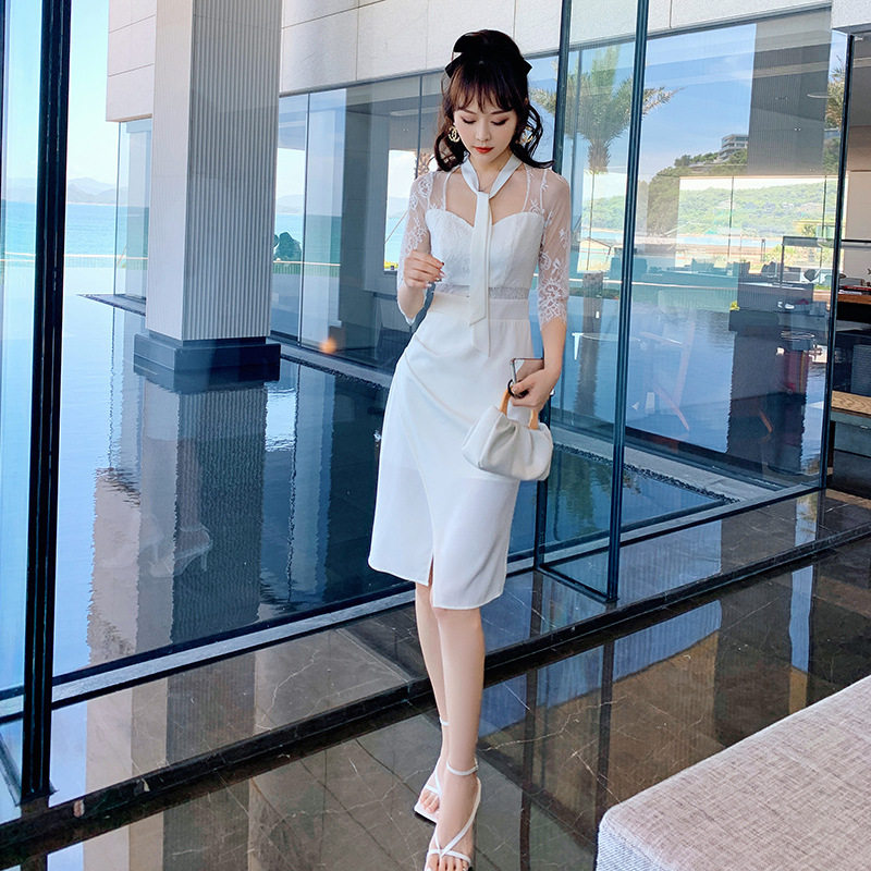 2025夏装新款女装名媛性感透视蕾丝拼接修身显瘦七分袖连衣裙9284