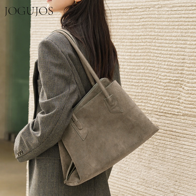 JOGUJOS新款真皮肩包反绒皮大容量女士托特包包简约时尚腋下外贸