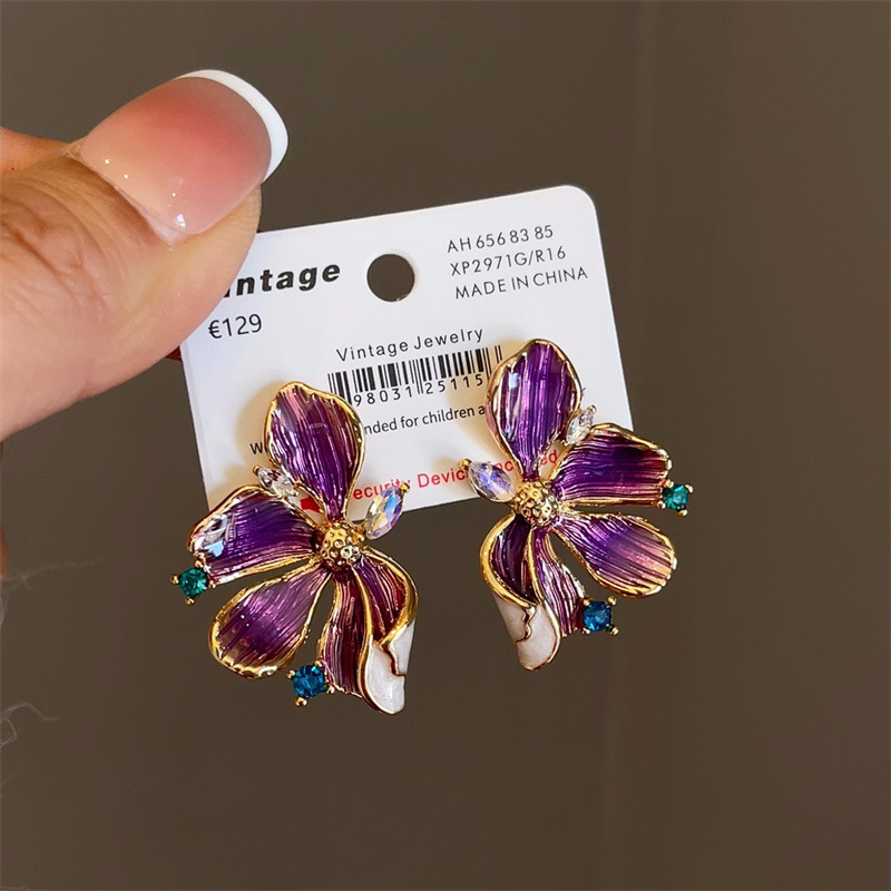 中古风vintage珐琅釉蝴蝶兰紫色花朵耳环级感法式彩色水钻耳饰