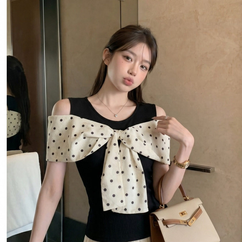 温柔波点蝴蝶结女2026夏款纯欲露肩修身圆领背心外穿无袖上衣2026