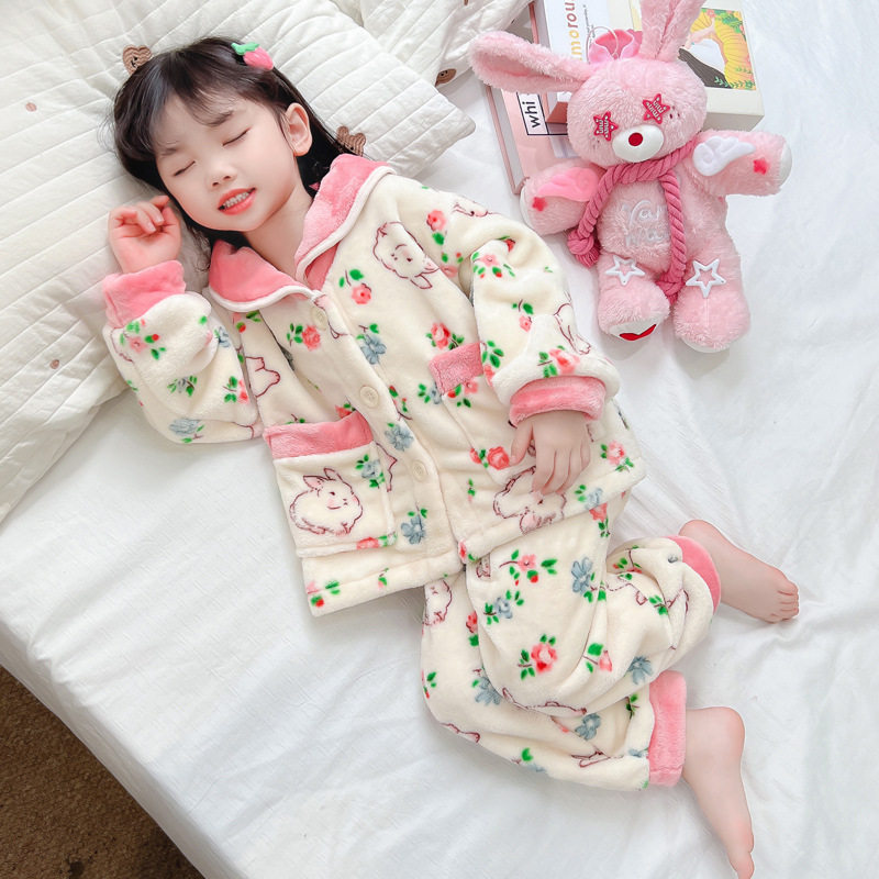 女小童睡衣秋冬款2025新款法兰绒洋气女冬季儿童家居服套装潮P59,童装家居服（睡衣）,祺妙童装