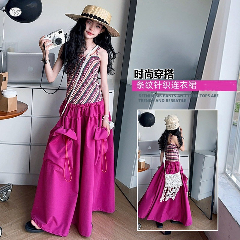 女童夏连衣裙韩版条纹针织裙中大童2025新款吊带裙无袖长裙P85，童装连衣裙，祺儿童装