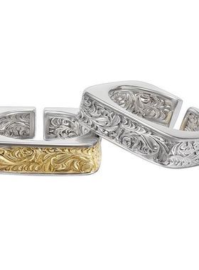 错金唐草纹S925纯银戒指男嘻哈复古小众设计情侣同款方形开口戒指