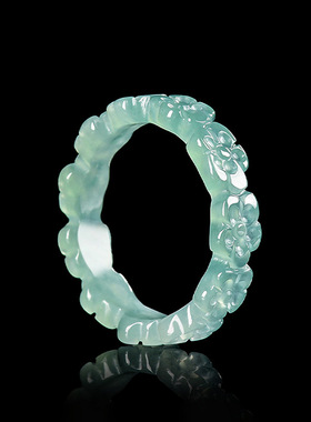 天然A货翡翠蓝水立体桃花戒指冰种玉石情侣玉戒女款式指环个性