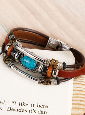 时尚创意士手链 波西米亚风绿松石合金手串小众设计感复古链子