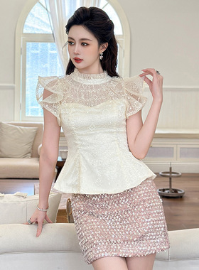 2025夏季新款甜美气质千金风立领荷叶边短袖修身蕾丝上衣女11581