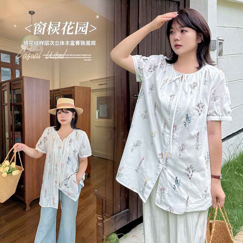 大码女装气质花卉绣花短袖衬衫2025夏新款宽松显瘦开衫上衣200斤