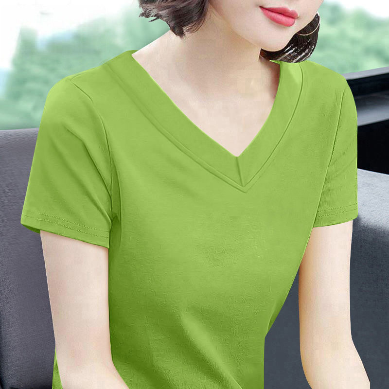 纯棉短袖t恤女士宽松v领夏季新款鸡心领半袖纯色大码时尚百搭上衣