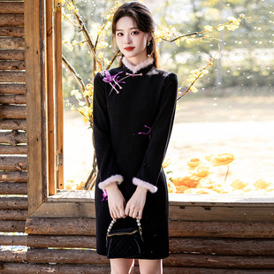 冬款加绒加厚黑色短款长袖旗袍2025新款年轻款女小个子连衣裙冬季