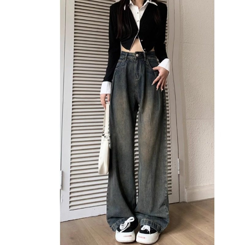 显瘦百搭宽松夏季褶皱设计腰直筒裤子复古休闲小众阔腿牛仔裤女