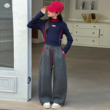 女童2025年冬季新款袋口花边缝线糯米裤女大童加厚保暖拼接弯刀裤，童装裤子，祺儿童装