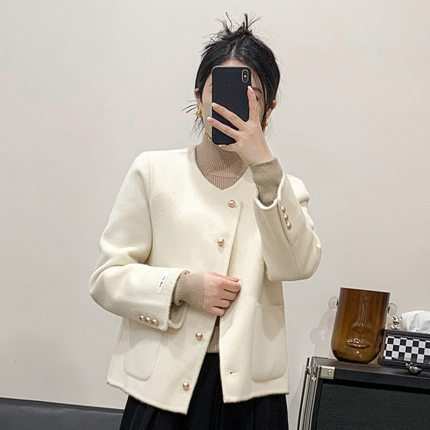 春季新款双面羊绒大衣女韩版短款圆领开衫毛呢纯色羊毛小香风外套