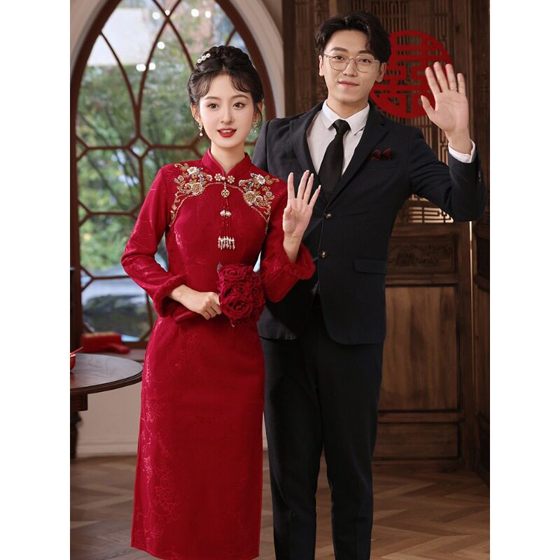 红色旗袍敬酒服新娘加绒加厚2026新款长袖中式订婚礼服回门春秋季