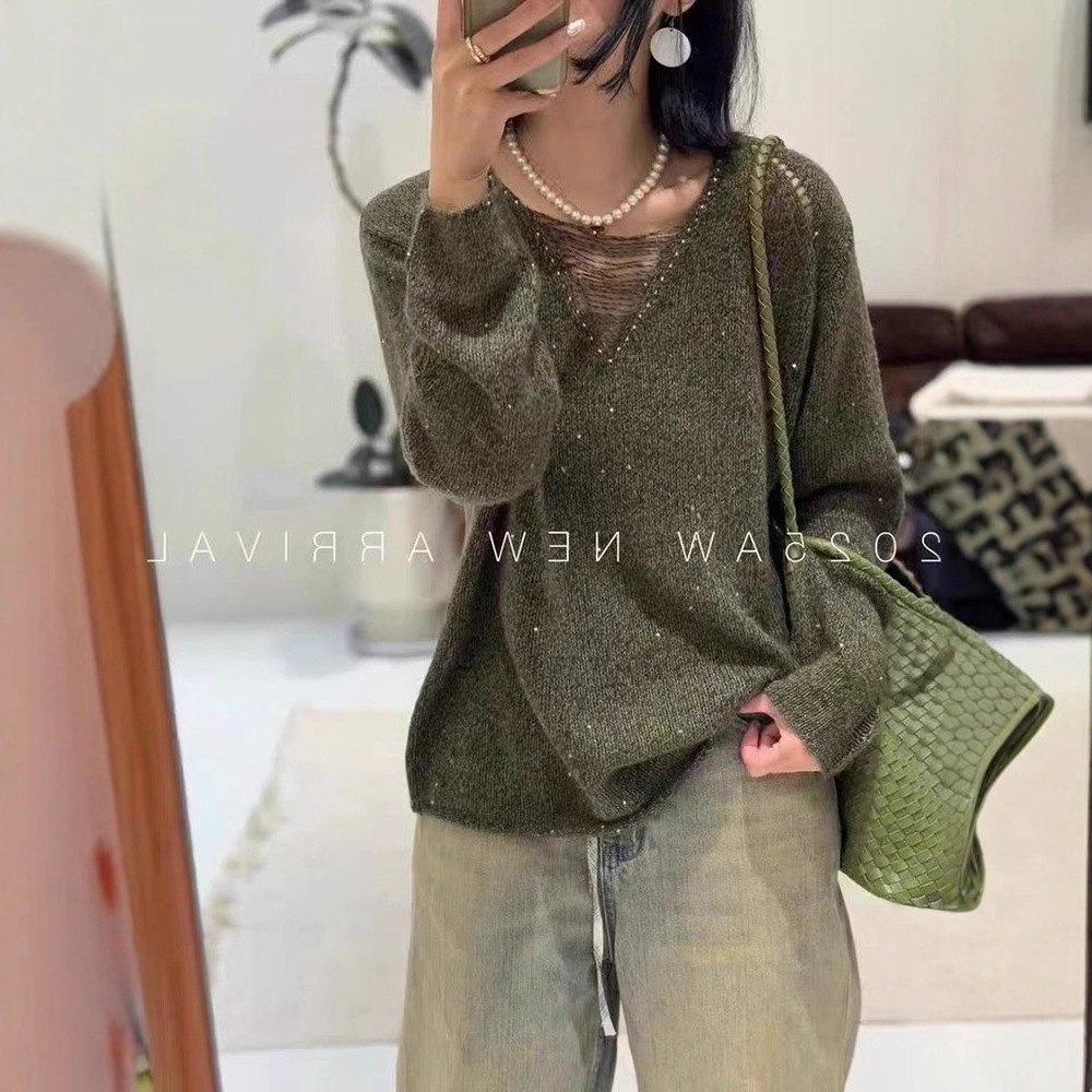 缕空套头针织衫女秋季2025欧货新款宽松慵懒风V领上衣