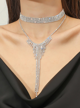 双层流苏项链奢华闪水钻锁骨颈链华丽低领礼服车模表演T台婚纱