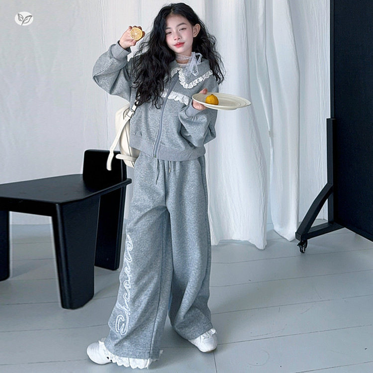 女童2025年春秋新款学院风小翻领花边套装女大童洋气印花卫衣外套，童装休闲套装，祺儿童装