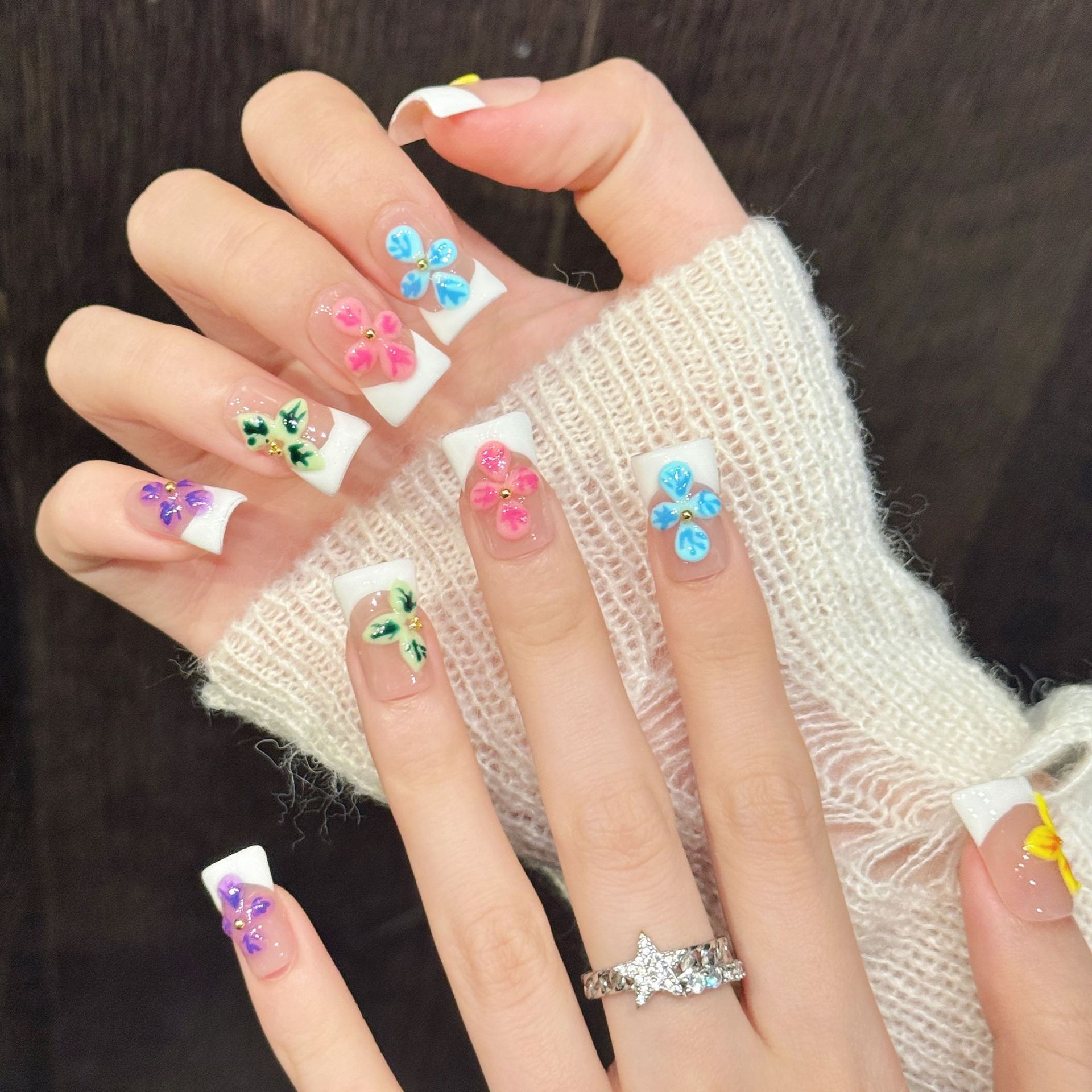 彩虹花韵夏日彩花手绘美甲片元气穿戴甲/甲片