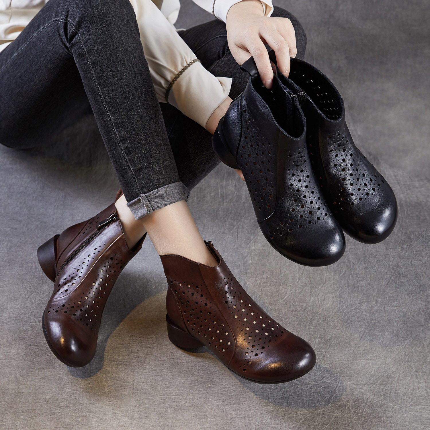 2026春夏季新款透气镂空女鞋真皮舒适软底洞洞鞋女中跟复古凉靴,女鞋,休闲凉鞋,淘宝优惠券,粉丝福利购,淘宝优惠卷