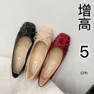 内增高羊皮女鞋蝴蝶结方头平底芭蕾鞋女款玛丽珍甜美大方浅口单鞋