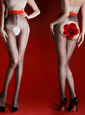 性感红边腰一线开裆极光丝袜超薄油亮丝滑镂空免脱黑丝