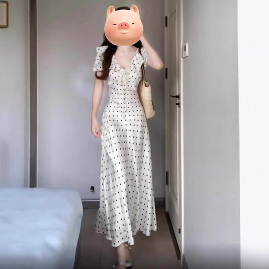 法式白色波点裙海边度假连衣裙