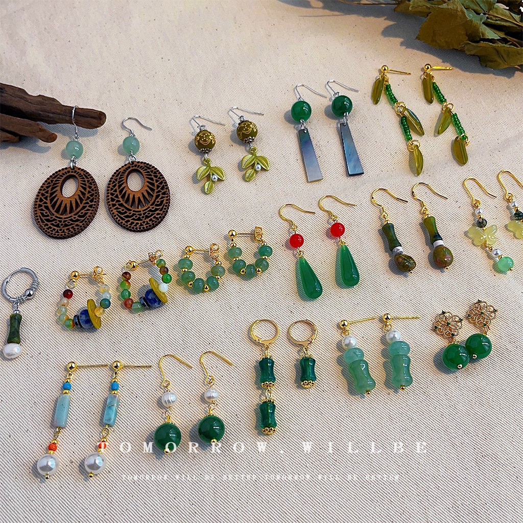 新中式国风古风玉色竹节耳环小众设计感文艺复古玛瑙天然石耳饰