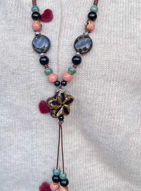 景德镇陶瓷项链彩色天然石陶瓷珠锁骨链毛衣链，