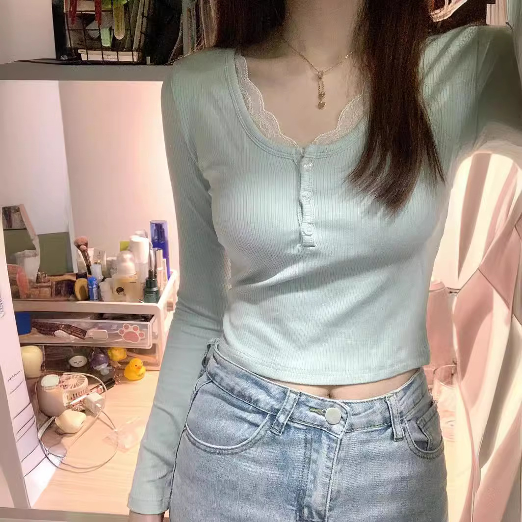 纯欲风bm蕾丝边上衣女秋冬内搭打底衫甜辣妹春季T恤长袖短款
