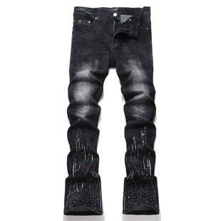 男士镶钻贴布微喇叭牛仔裤流行歌手时尚演出裤外贸潮流休闲裤中腰