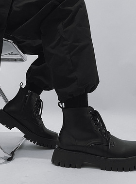 马丁靴侧拉链款秋冬季时尚潮牛皮中帮短靴厚底工装靴帮皮鞋