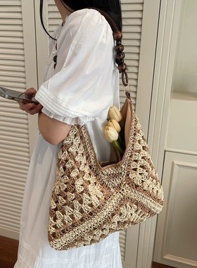 编织包新款大容量海边度假沙滩包棉线镂空网纹托特包女肩包